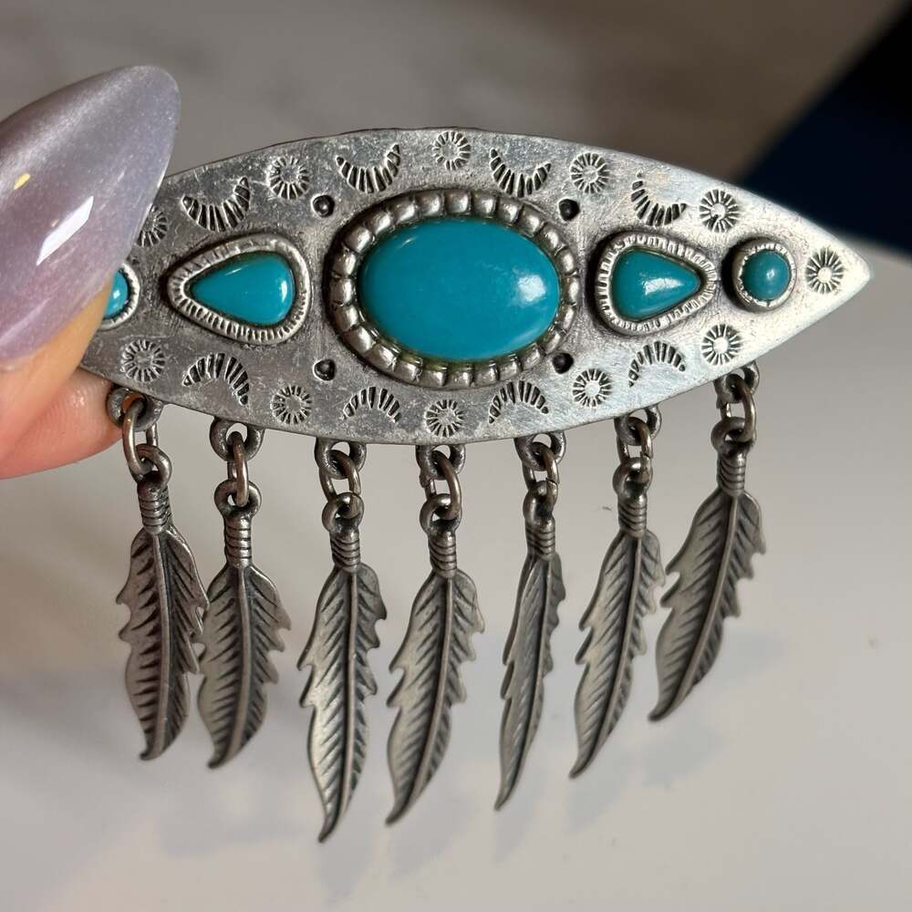JJ Jonette Jewelry Southwestern Style Turquoise Feather Dangle Brooch Pewter Pin - Picture 10 of 11
